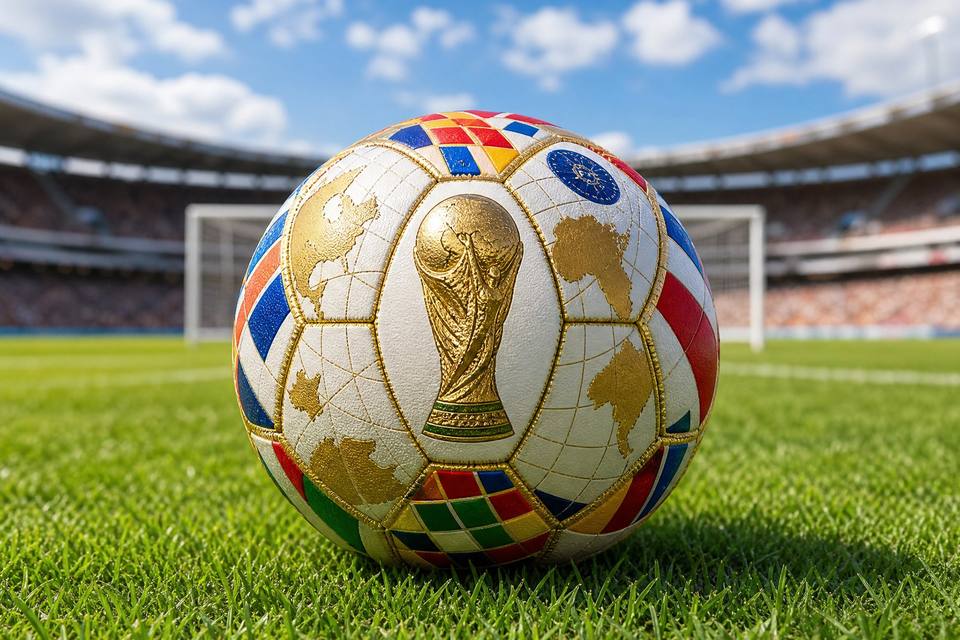 绿茵场上的世界杯主题足球,球身有金色奖杯与各国旗图案
